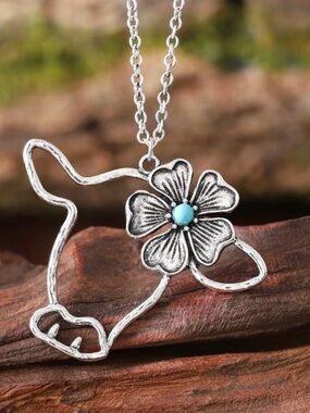 Silver-Tone Cow Outline Necklace with Turquoise Flower Accent